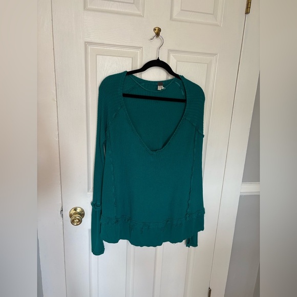 Free People Laguna Thermal Top in Turquoise | Boho Slouchy Raw-Edge | Size XS - Picture 2 of 10